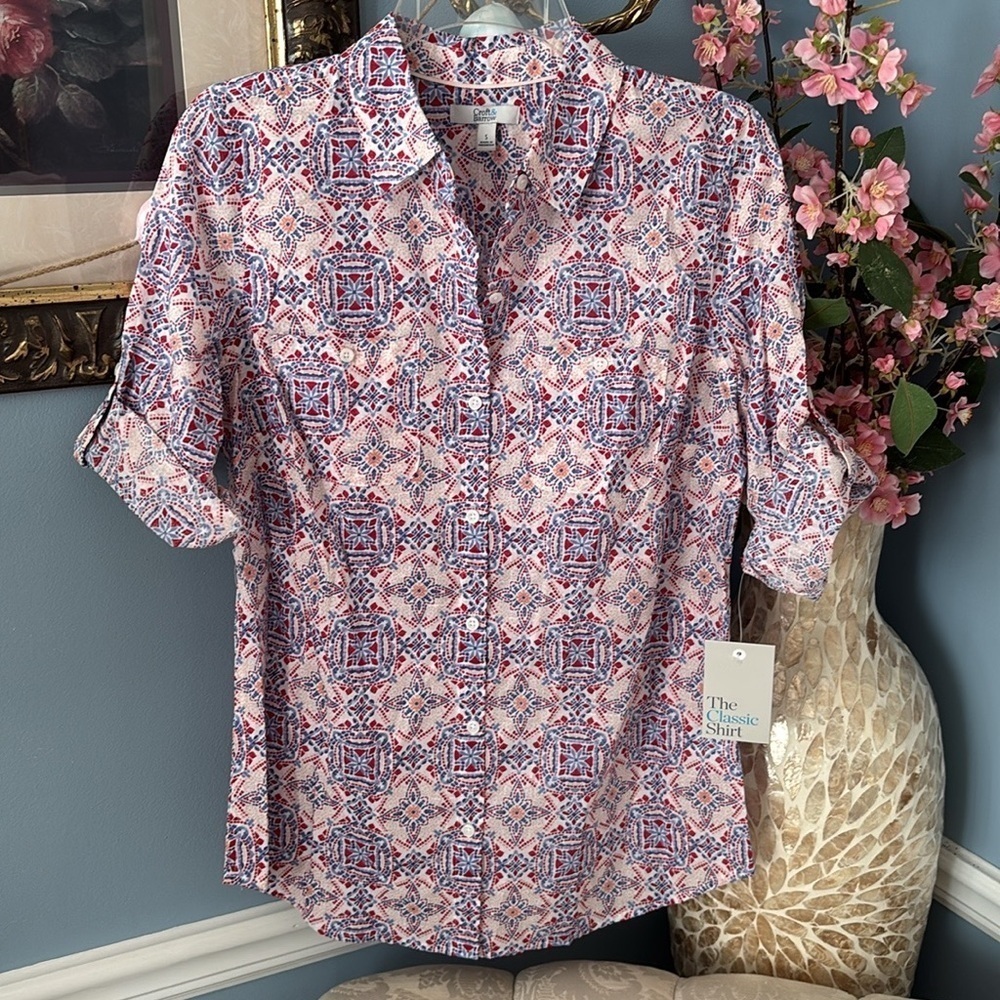 Brand New Croft & Barrow Classic Button Down Shirt Roll Tab Sleeves Medallion